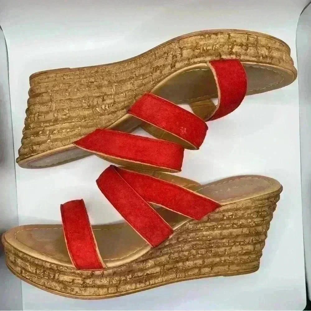 Mariella Beige Slide Wedge‎ Platform Red Straps Women Size 9 SKU #4590